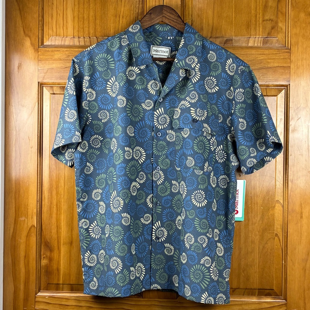 Marmot AirExchange UPF 40 Camp Novelty SS Shirt Blue Floral Mens M Gorpcore
